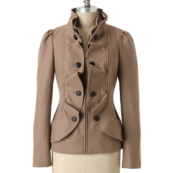 Anthropologie Idra Tan Ruffle Jacket Wool Blend Size 6 - Picture 1 of 7